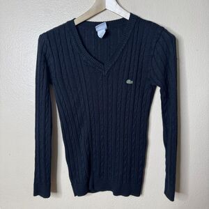 Lacoste Sweater Women's Small Black V-neck Cable Knit Cotton Pullover